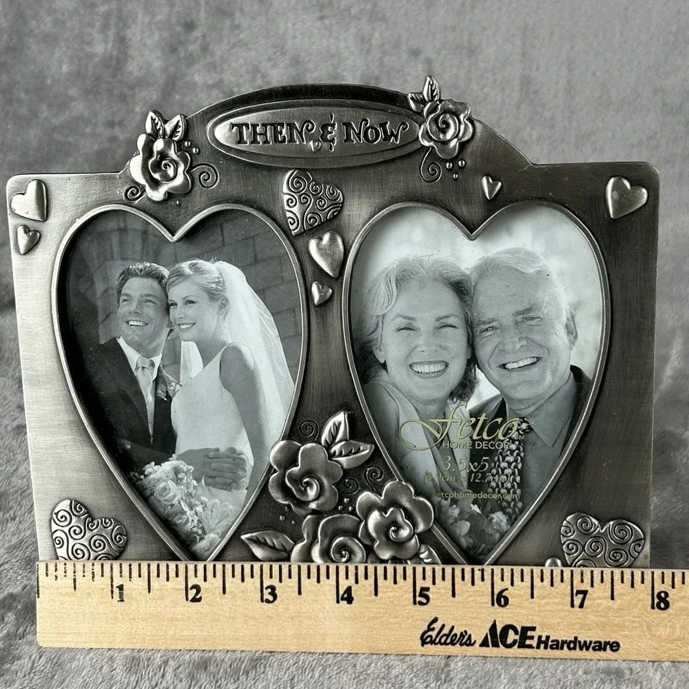Fetco Then & Now Picture Frame Metal Heart Flower Anniversary Holds (2) 3.5x5 in